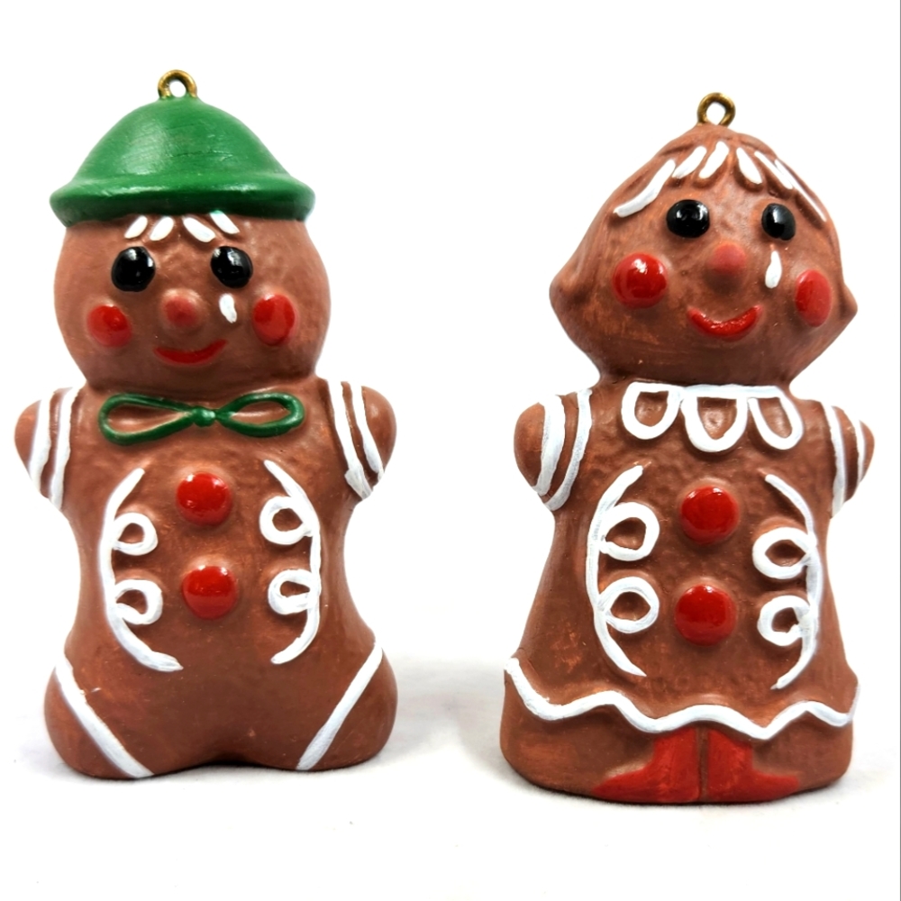 Vintage Painted Ceramic Bisque Gingerbread Couple Christmas Tree Ornaments